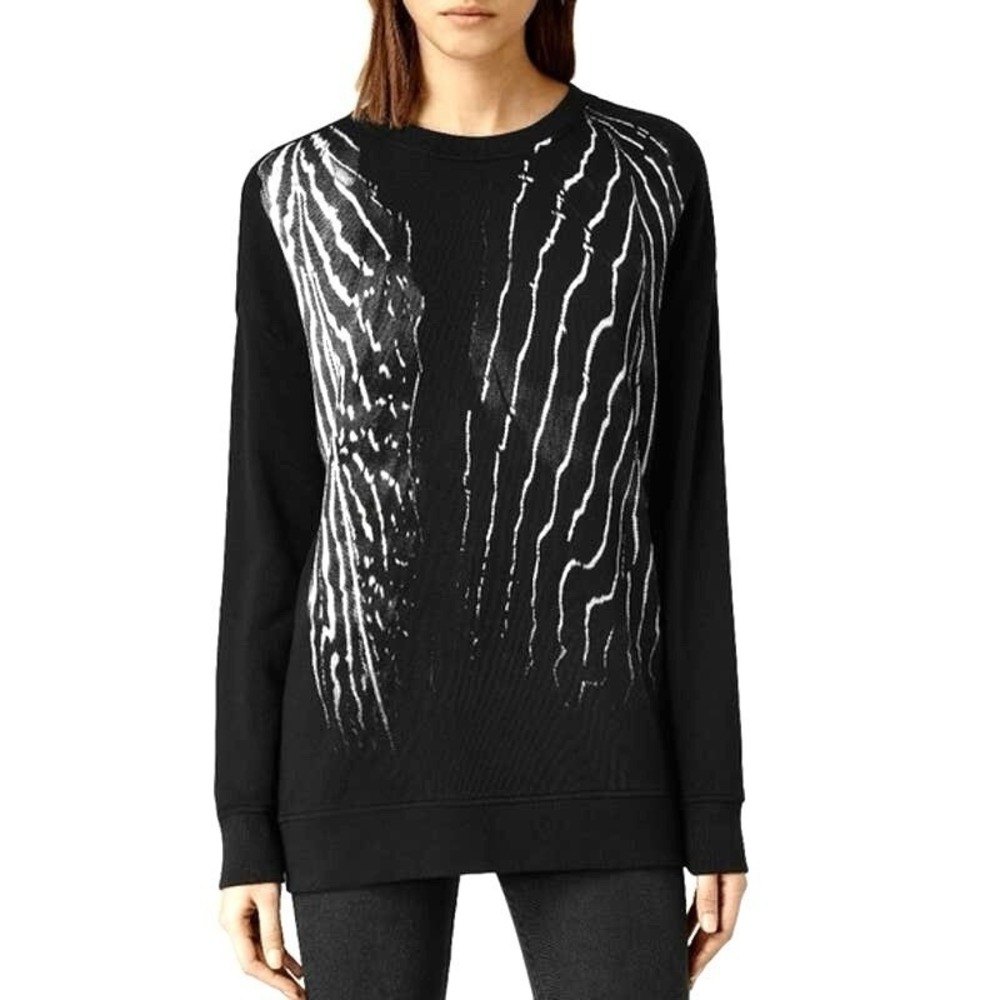 AllSaints Sz S "Piuma" Black Animal Print Crewneck Sweatshirt Designer City Chic